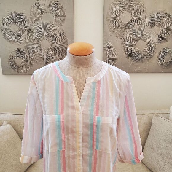 Chico's Summer Fun Stripe Lurex 3/4-Sleeve Shirt Sz Med - Picture 2 of 11